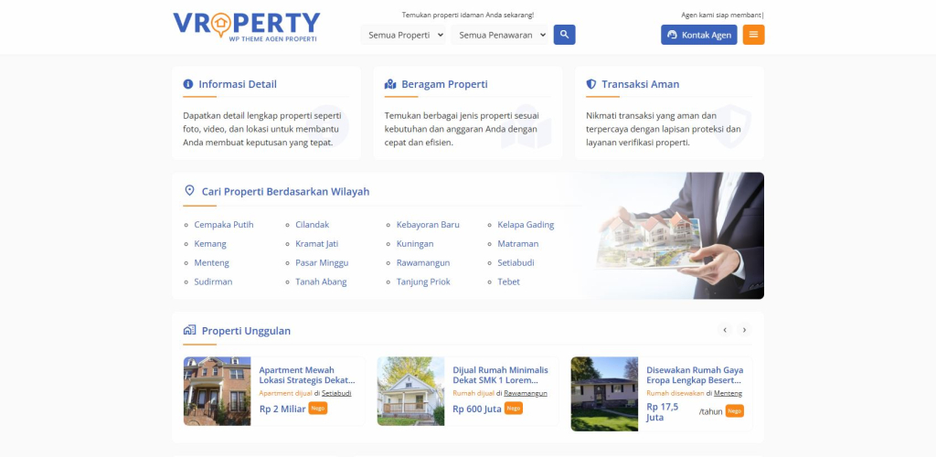 Tema WordPress Vroperty, cms wordpress yang didesain khusus untuk jualan rumah
